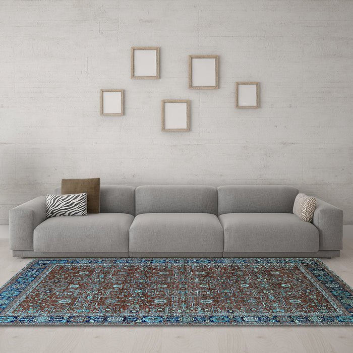 Machine Washable Oriental Light Blue Traditional Rug in a Living Room, wshurb2367lblu