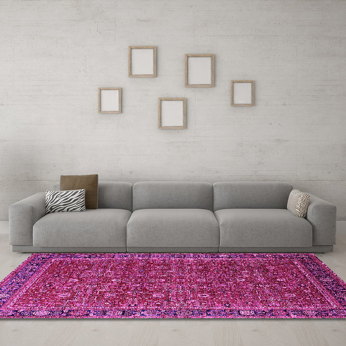 Machine Washable Oriental Pink Traditional Rug in a Living Room, wshurb2367pnk