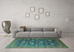 Machine Washable Oriental Turquoise Industrial Area Rugs in a Living Room,, wshurb2368turq