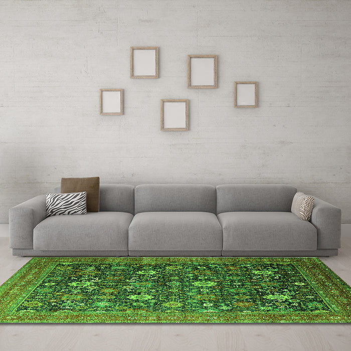 Machine Washable Oriental Green Industrial Area Rugs in a Living Room,, wshurb2368grn