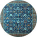 Round Machine Washable Oriental Light Blue Industrial Rug, wshurb2368lblu