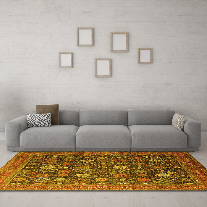 Machine Washable Oriental Yellow Industrial Rug in a Living Room, wshurb2368yw