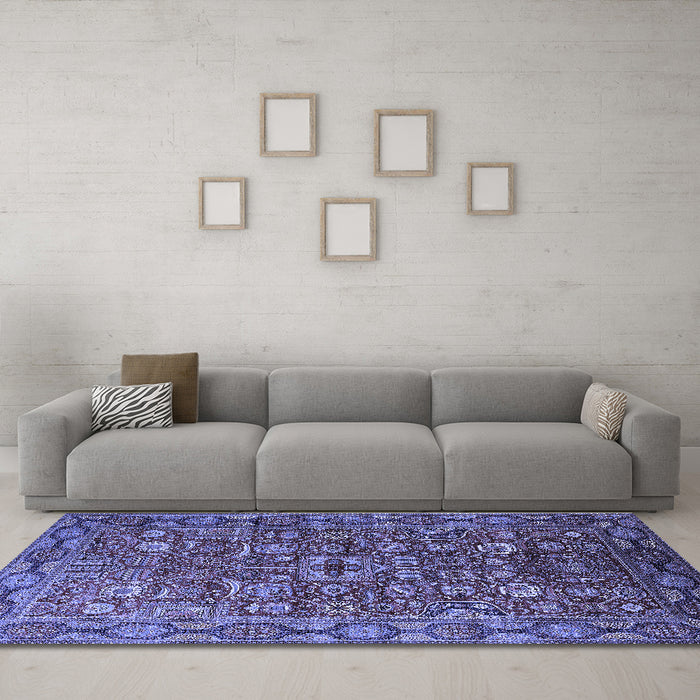Machine Washable Oriental Blue Traditional Rug in a Living Room, wshurb2369blu