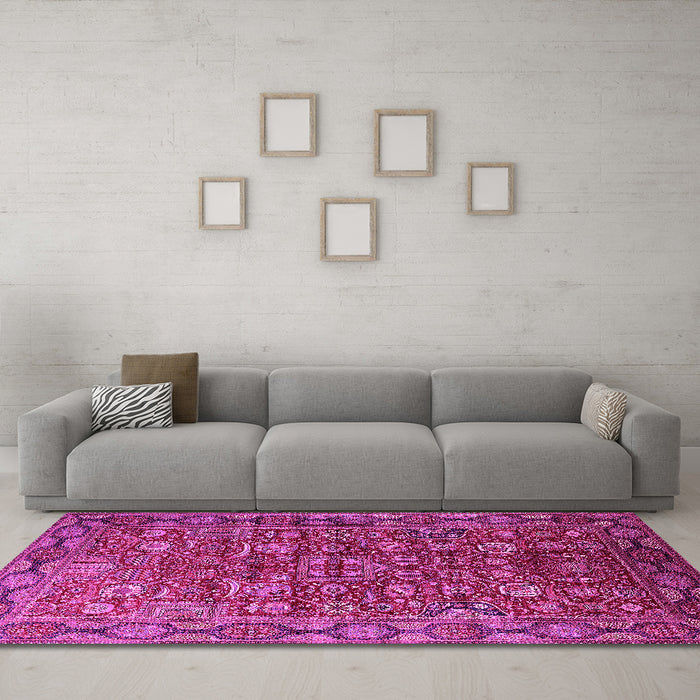 Machine Washable Oriental Pink Traditional Rug in a Living Room, wshurb2369pnk