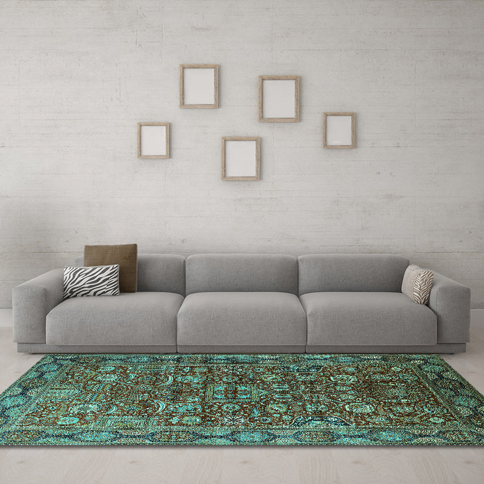 Machine Washable Oriental Turquoise Traditional Area Rugs in a Living Room,, wshurb2369turq