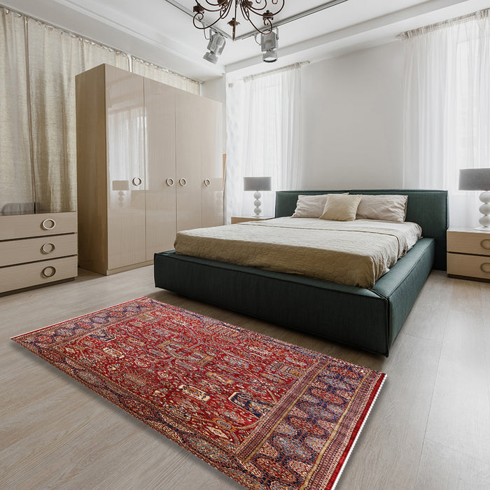 Mid-Century Modern Red Oriental Rug in a Bedroom, urb2369