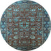 Round Machine Washable Oriental Light Blue Traditional Rug, wshurb2369lblu