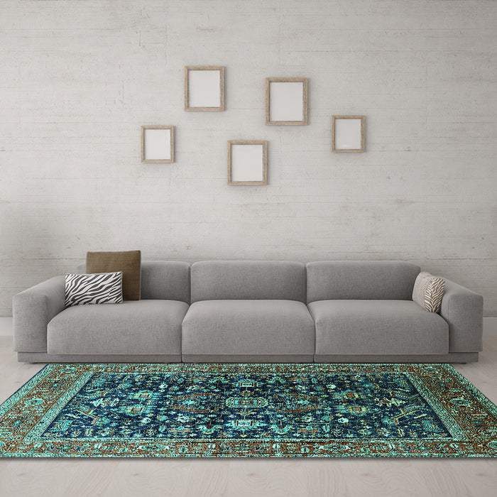Machine Washable Oriental Turquoise Industrial Area Rugs in a Living Room,, wshurb2370turq