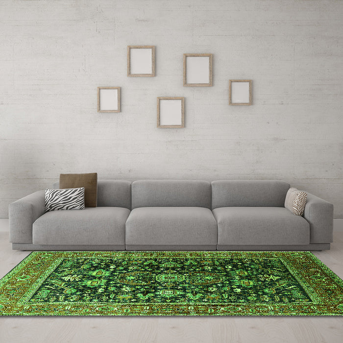 Machine Washable Oriental Green Industrial Area Rugs in a Living Room,, wshurb2370grn