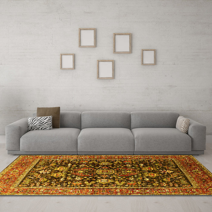 Machine Washable Oriental Yellow Industrial Rug in a Living Room, wshurb2370yw