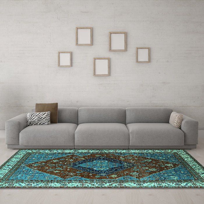 Machine Washable Persian Turquoise Traditional Area Rugs in a Living Room,, wshurb2371turq