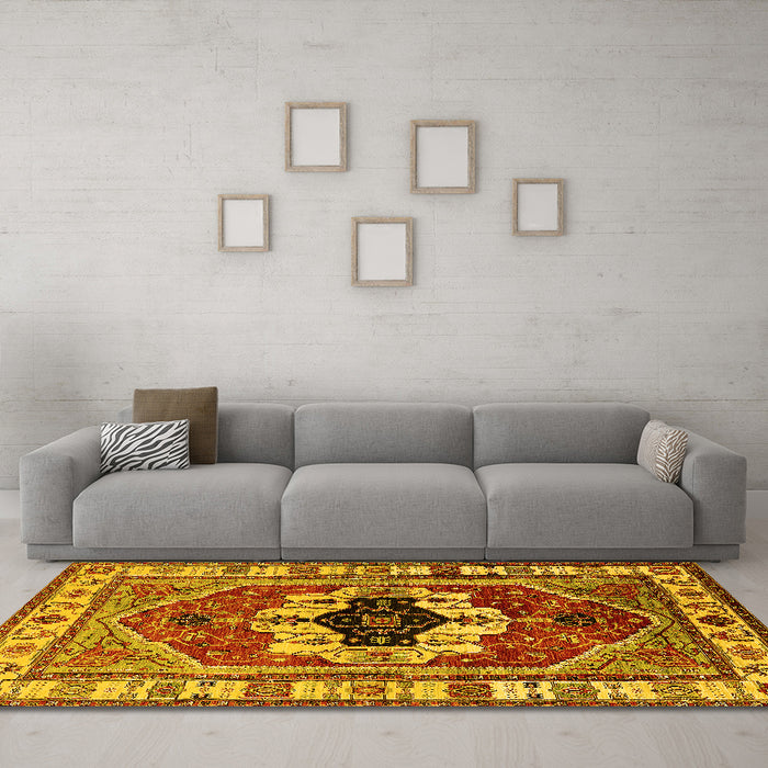 Machine Washable Persian Yellow Traditional Rug in a Living Room, wshurb2372yw