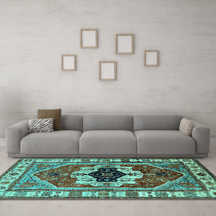Machine Washable Persian Turquoise Traditional Area Rugs in a Living Room,, wshurb2372turq