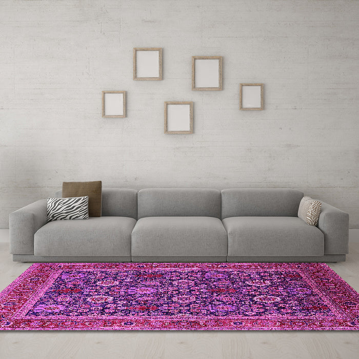 Machine Washable Oriental Pink Industrial Rug in a Living Room, wshurb2373pnk