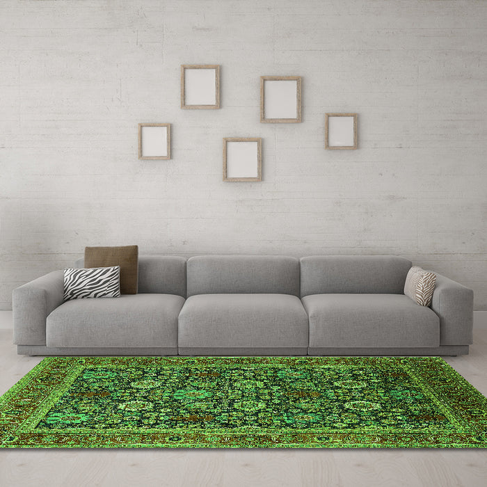 Machine Washable Oriental Green Industrial Area Rugs in a Living Room,, wshurb2373grn