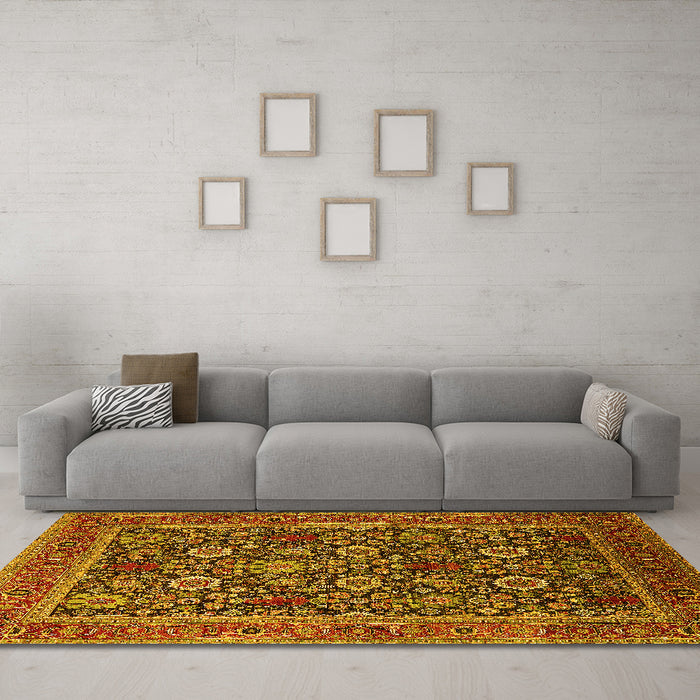 Machine Washable Oriental Yellow Industrial Rug in a Living Room, wshurb2373yw
