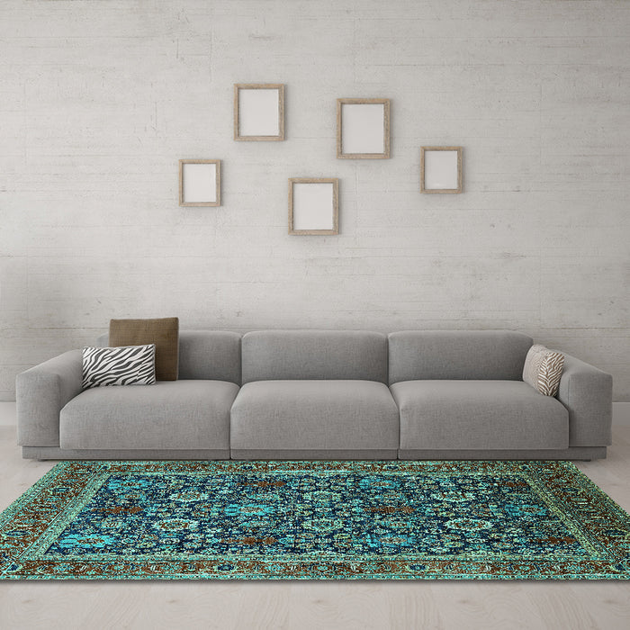 Machine Washable Oriental Turquoise Industrial Area Rugs in a Living Room,, wshurb2373turq