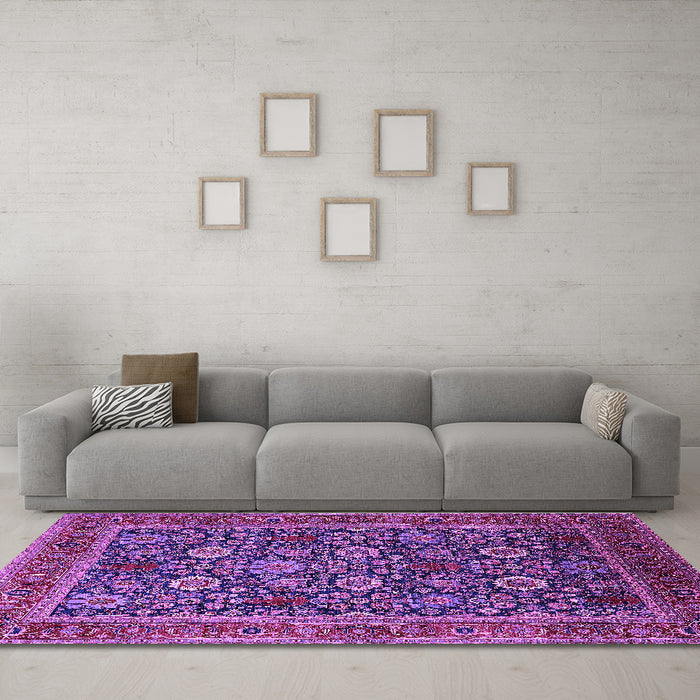 Machine Washable Oriental Purple Industrial Area Rugs in a Living Room, wshurb2373pur
