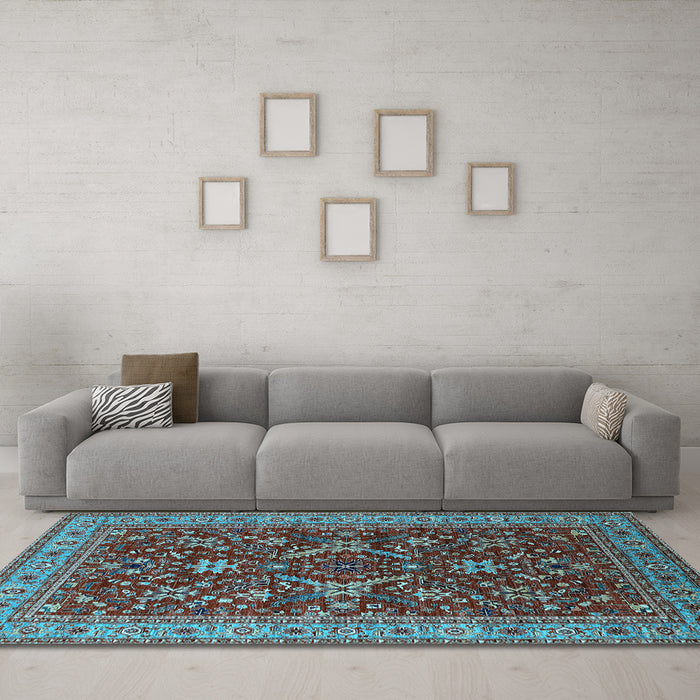 Machine Washable Oriental Light Blue Industrial Rug in a Living Room, wshurb2374lblu