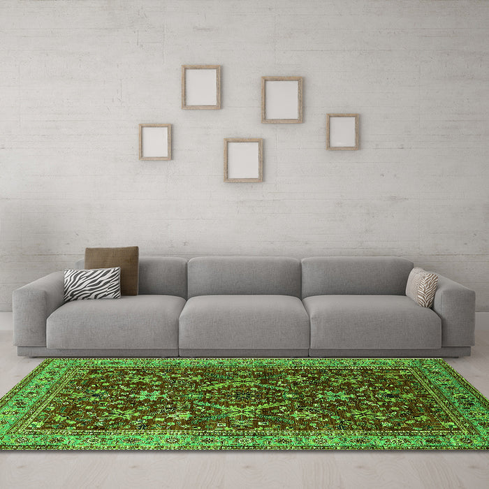 Machine Washable Oriental Green Industrial Area Rugs in a Living Room,, wshurb2374grn