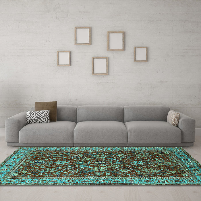 Machine Washable Oriental Turquoise Industrial Area Rugs in a Living Room,, wshurb2374turq