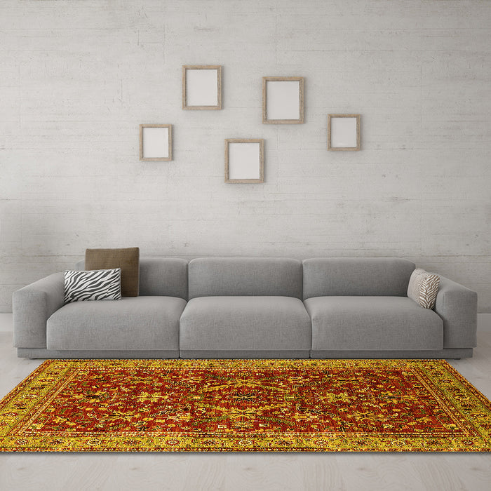 Machine Washable Oriental Yellow Industrial Rug in a Living Room, wshurb2374yw