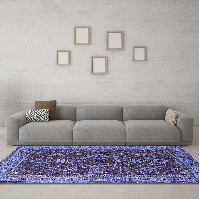 Machine Washable Oriental Blue Industrial Rug in a Living Room, wshurb2374blu