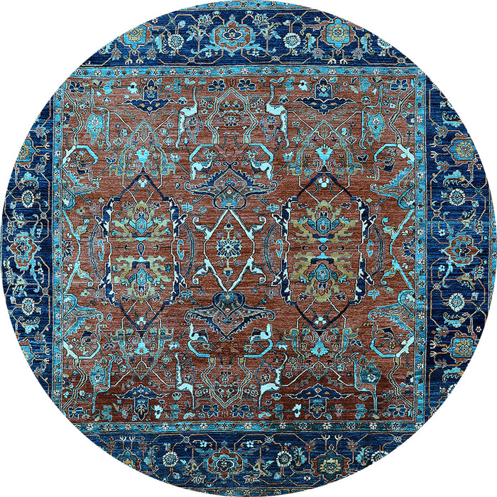 Round Machine Washable Oriental Light Blue Industrial Rug, wshurb2375lblu