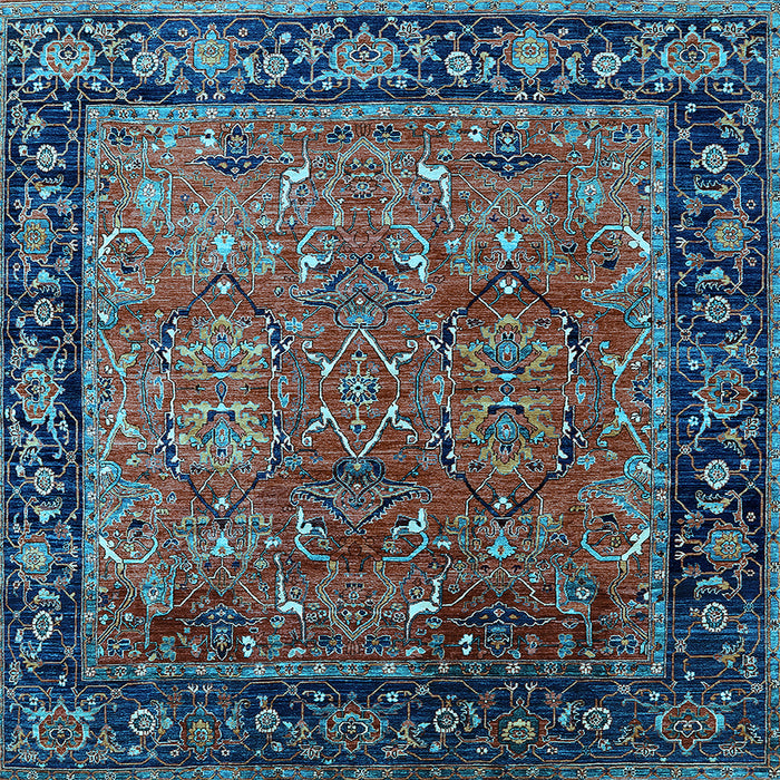 Square Machine Washable Oriental Light Blue Industrial Rug, wshurb2375lblu