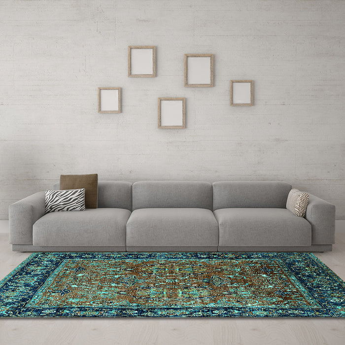 Machine Washable Oriental Turquoise Industrial Area Rugs in a Living Room,, wshurb2375turq