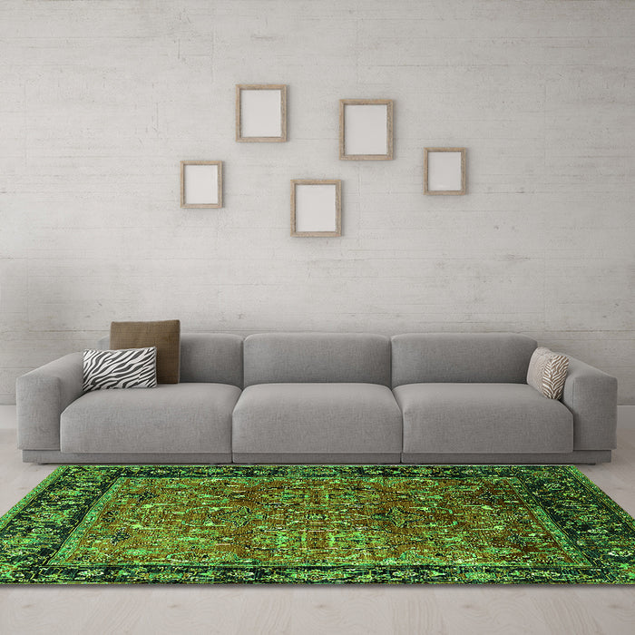 Machine Washable Oriental Green Industrial Area Rugs in a Living Room,, wshurb2375grn