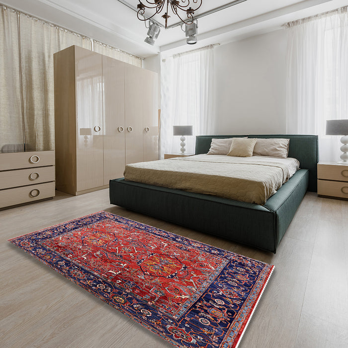 Mid-Century Modern Rose Purple Oriental Rug in a Bedroom, urb2375