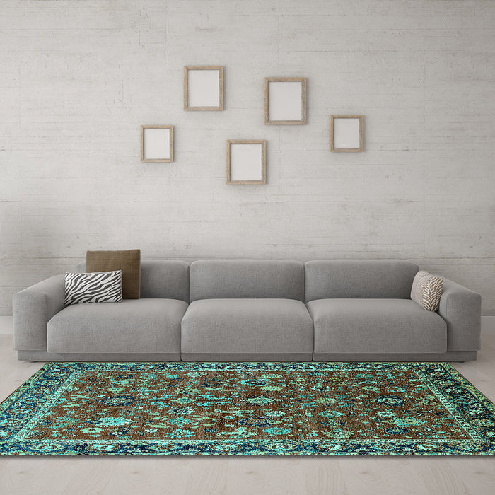 Machine Washable Oriental Turquoise Industrial Area Rugs in a Living Room,, wshurb2376turq