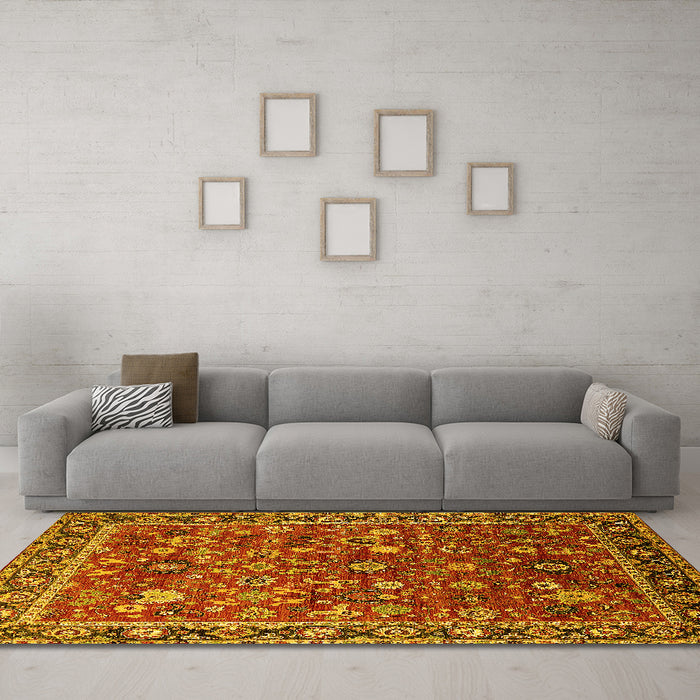 Machine Washable Oriental Yellow Industrial Rug in a Living Room, wshurb2376yw