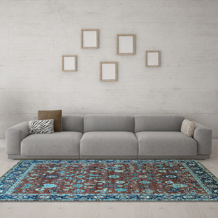 Machine Washable Oriental Light Blue Industrial Rug in a Living Room, wshurb2376lblu