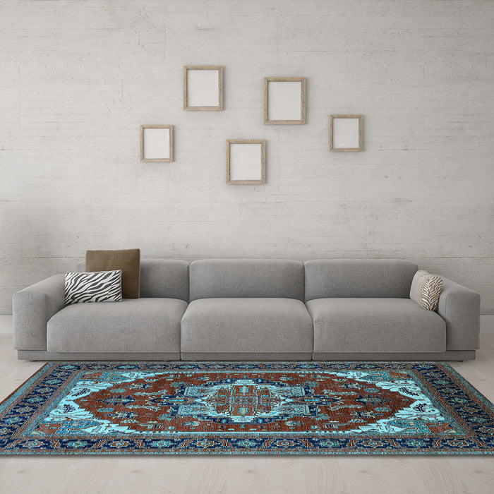 Machine Washable Oriental Light Blue Industrial Rug in a Living Room, wshurb2377lblu