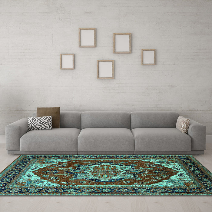Machine Washable Oriental Turquoise Industrial Area Rugs in a Living Room,, wshurb2377turq