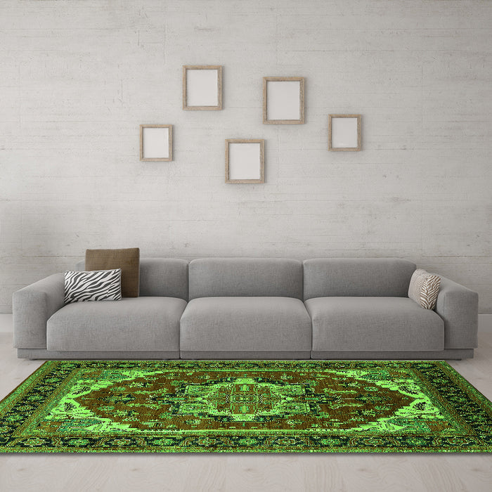Machine Washable Oriental Green Industrial Area Rugs in a Living Room,, wshurb2377grn