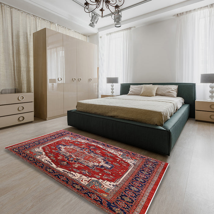 Mid-Century Modern Cranberry Red Oriental Rug in a Bedroom, urb2377