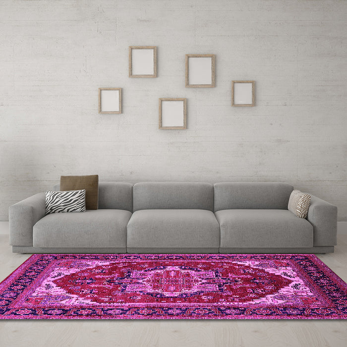Machine Washable Oriental Pink Industrial Rug in a Living Room, wshurb2377pnk