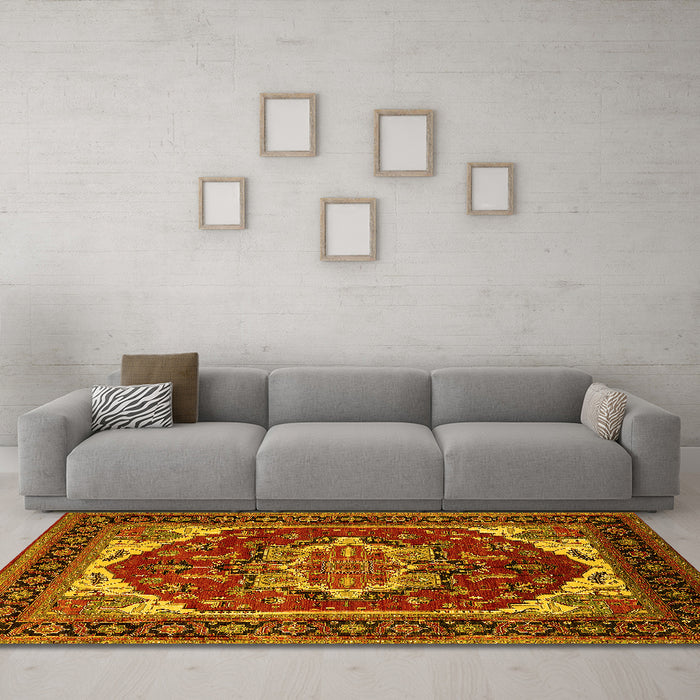 Machine Washable Oriental Yellow Industrial Rug in a Living Room, wshurb2377yw