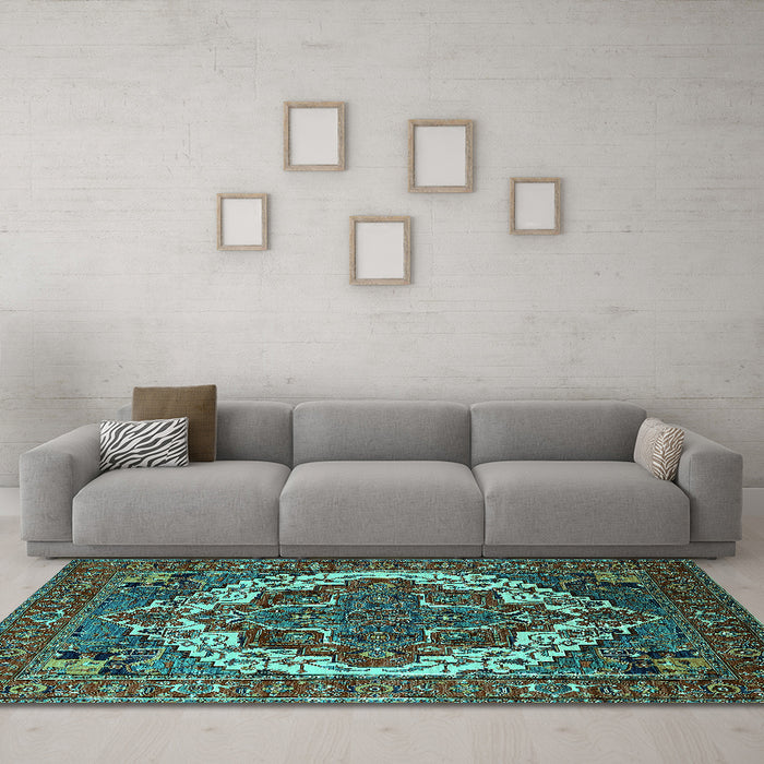 Machine Washable Oriental Turquoise Industrial Area Rugs in a Living Room,, wshurb2378turq