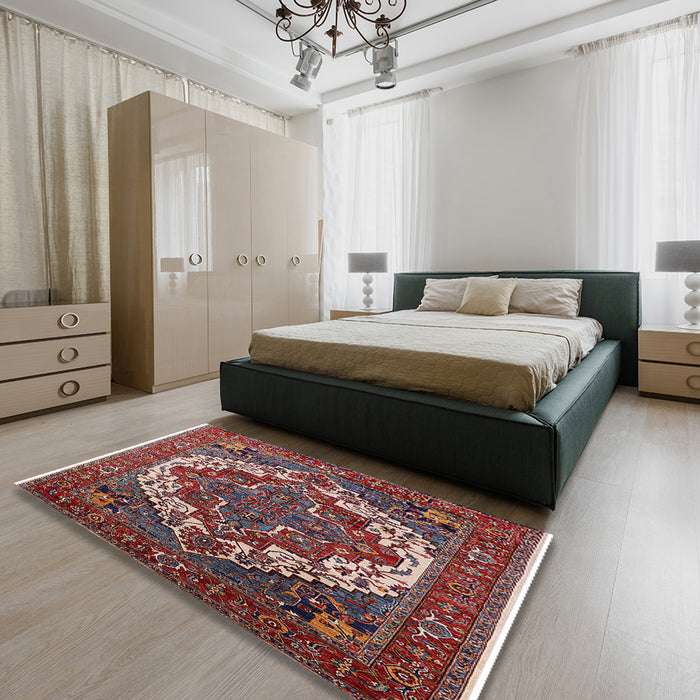 Mid-Century Modern Pink Oriental Rug in a Bedroom, urb2378