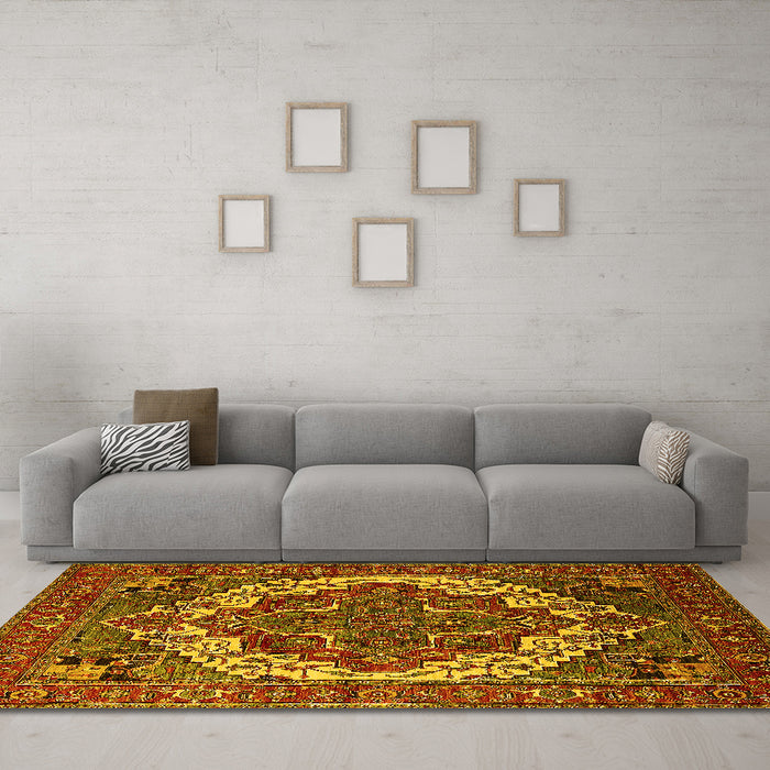 Machine Washable Oriental Yellow Industrial Rug in a Living Room, wshurb2378yw