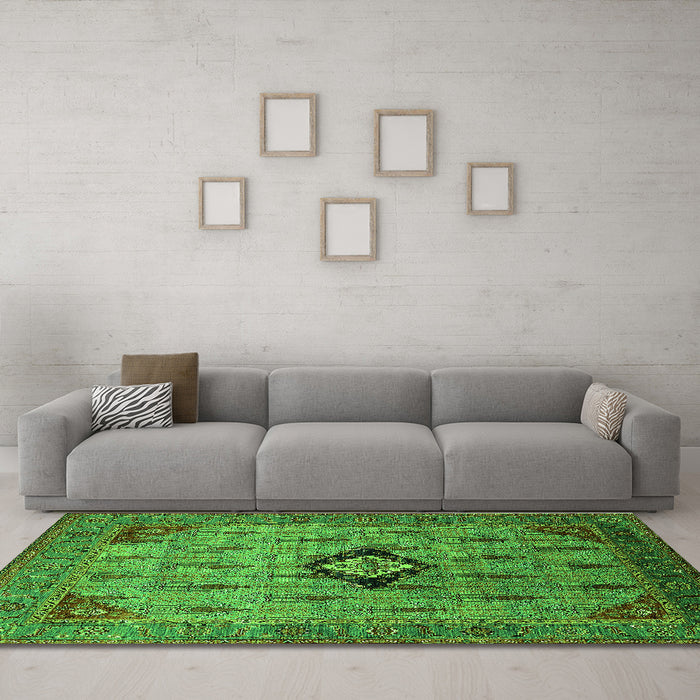 Machine Washable Oriental Green Industrial Area Rugs in a Living Room,, wshurb2379grn