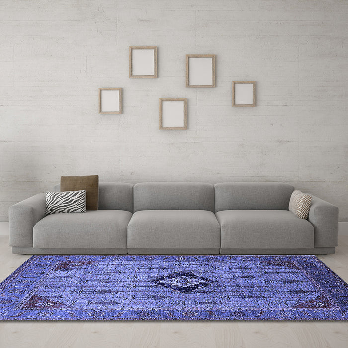 Machine Washable Oriental Blue Industrial Rug in a Living Room, wshurb2379blu