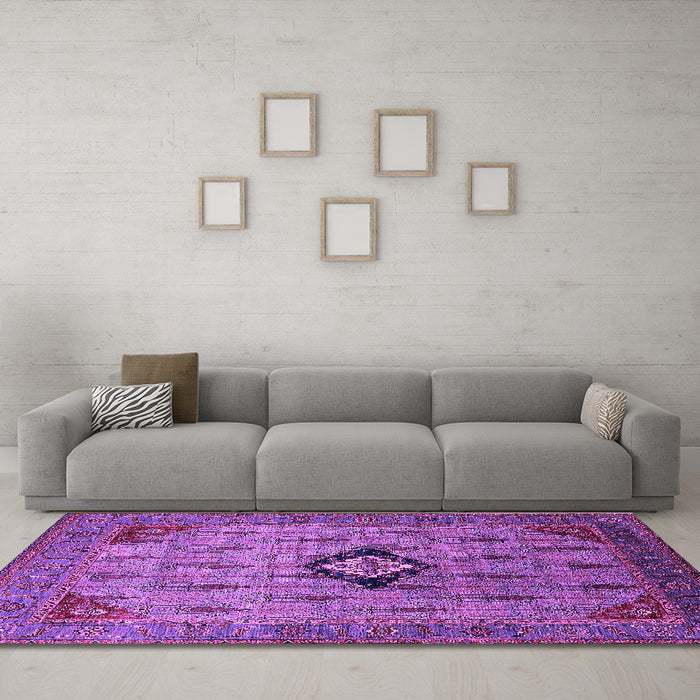 Machine Washable Oriental Purple Industrial Area Rugs in a Living Room, wshurb2379pur