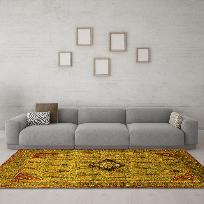 Machine Washable Oriental Yellow Industrial Rug in a Living Room, wshurb2379yw