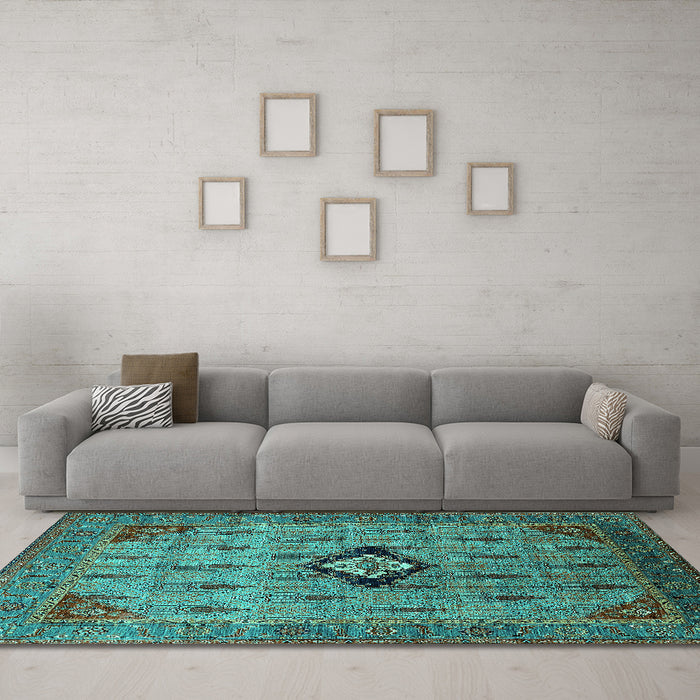 Machine Washable Oriental Turquoise Industrial Area Rugs in a Living Room,, wshurb2379turq