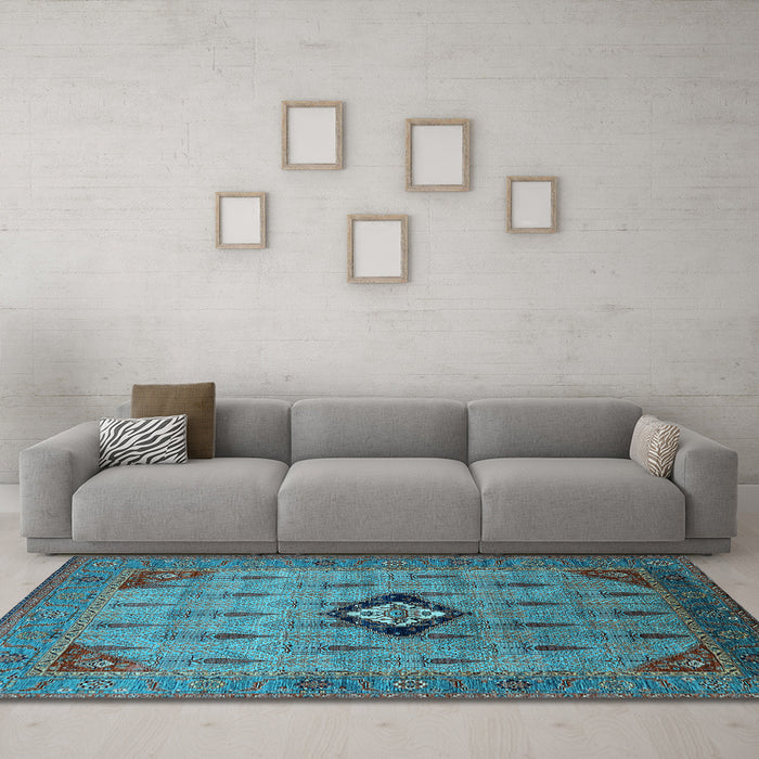 Machine Washable Oriental Light Blue Industrial Rug in a Living Room, wshurb2379lblu
